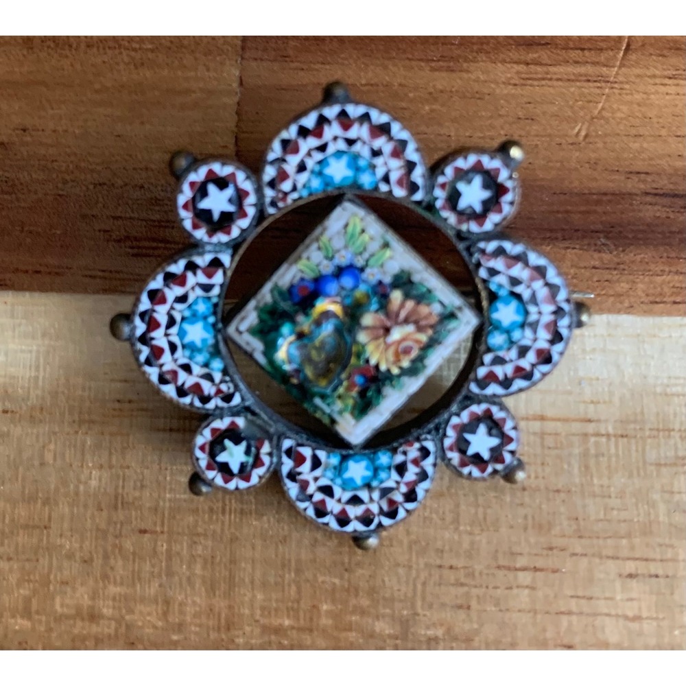 Vintage Italian Micro Mosaic Floral Star Brooch Pin Rare Retro Whimsigoth Boho